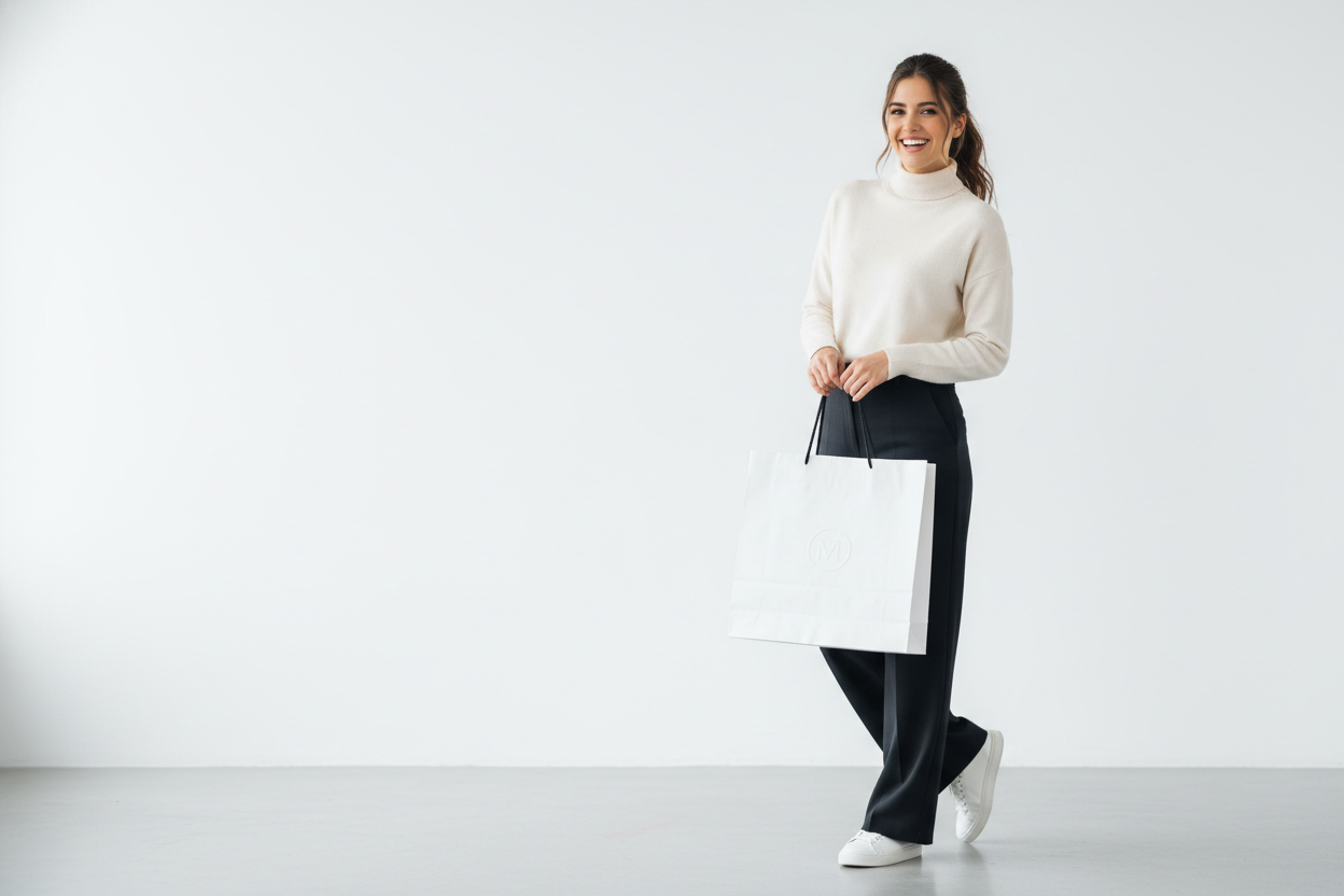 women with shipping bag white background women should me right side